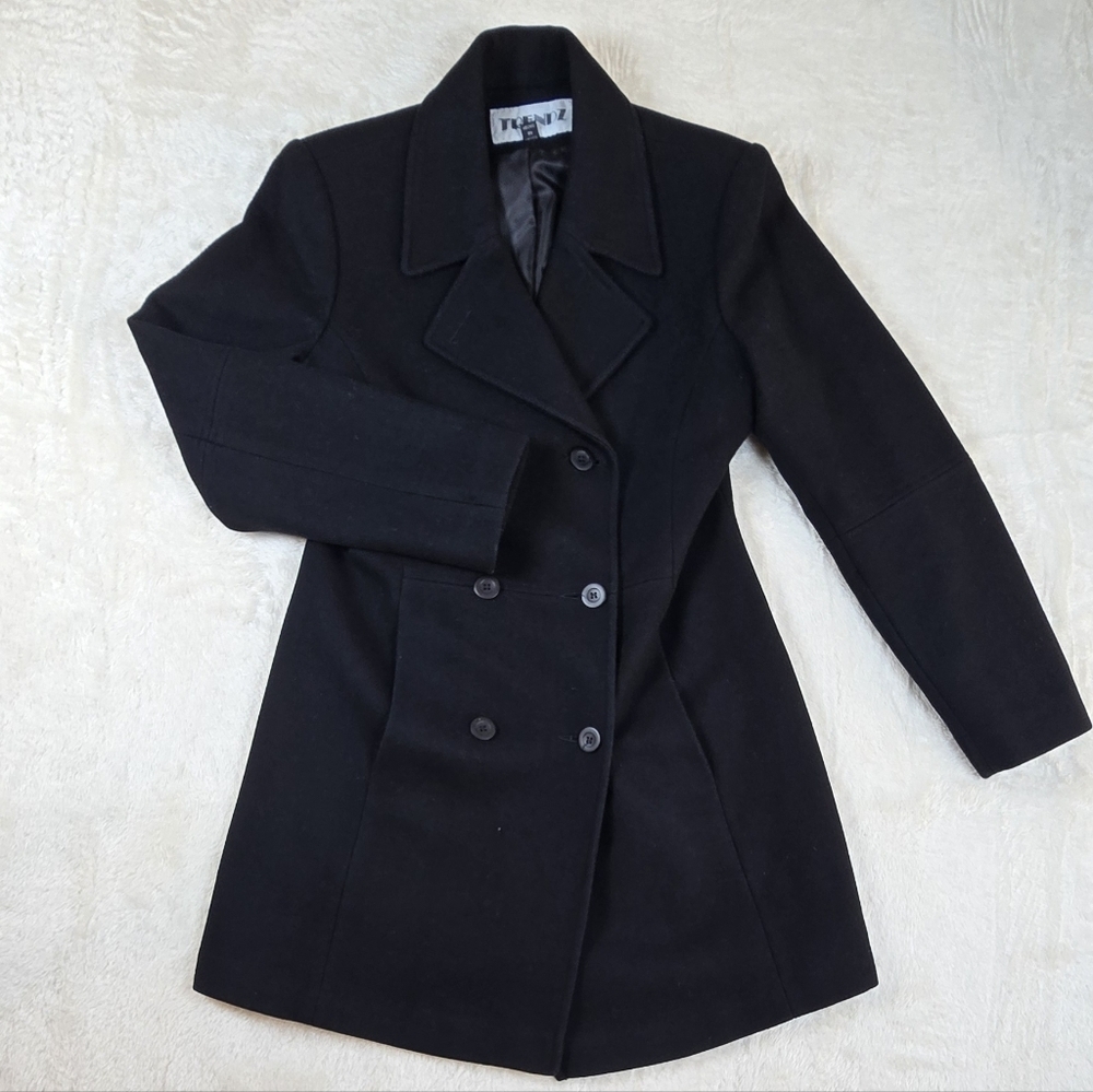 Vtg TRENDZ Black Wool Blend Double-Breasted Pea Coat Sz.S Dark Academia Car Coat